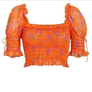 NWT For Love & Lemons Peony Smocked Crop Top‎ in Tangerine Size XS